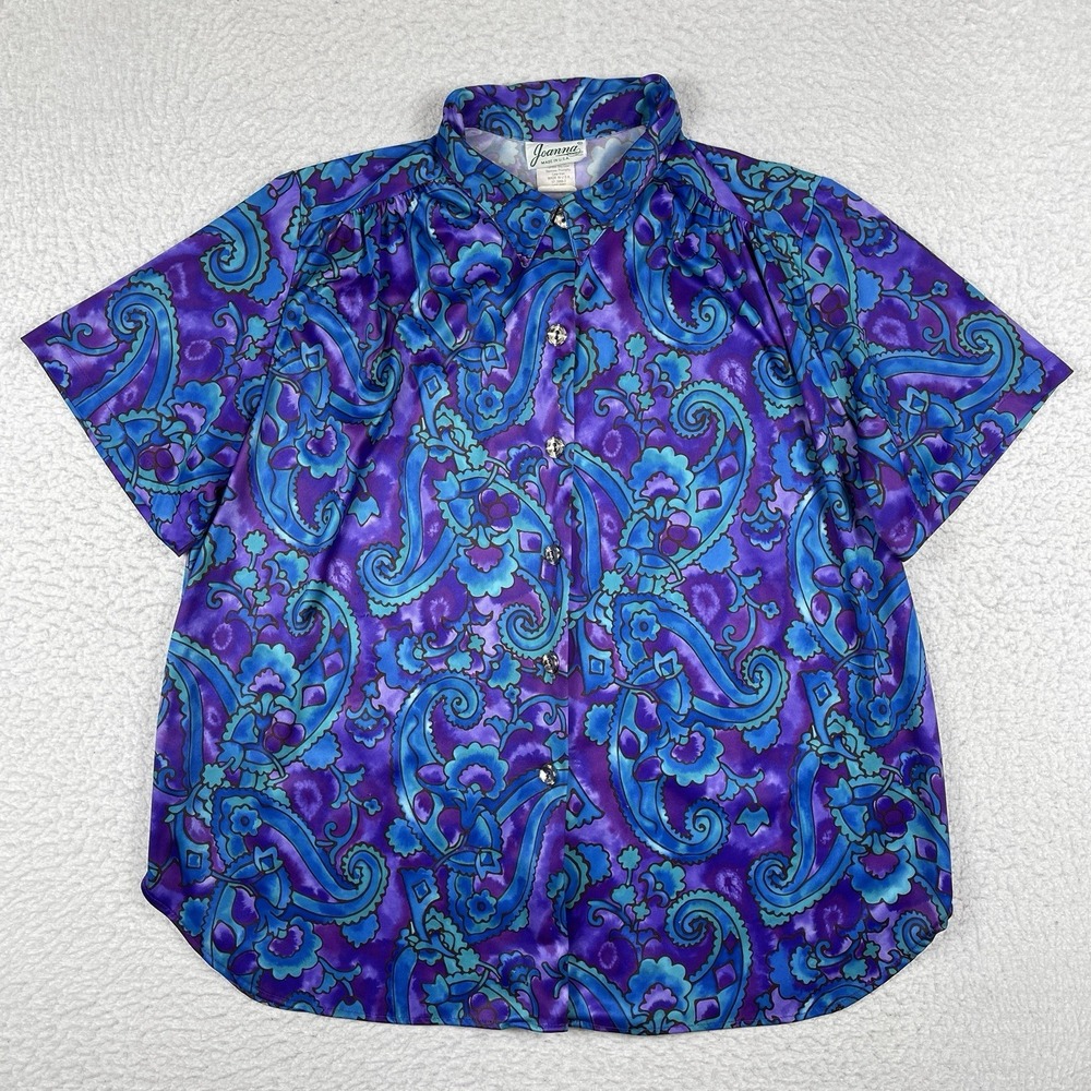 Vintage Joanna Blouse Womens XL Purple Blue Paisley Boho Workwear Travel Casual‎